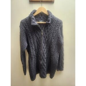 Aran Woollen Mills Ireland Merino Wool Cable Knit Zip Cardigan Sweater Grey XL